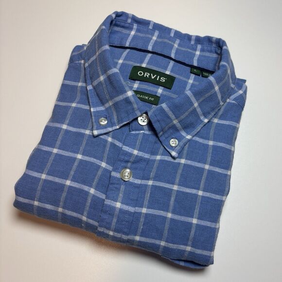 Orvis Classic Fit  Performance LINEN Men's L Wicking Button Up Blue Plaid Check - Picture 2 of 8